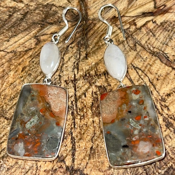 Rainbow Moonstone & Red Jasper Earrings 2 1/2” - Picture 4 of 13